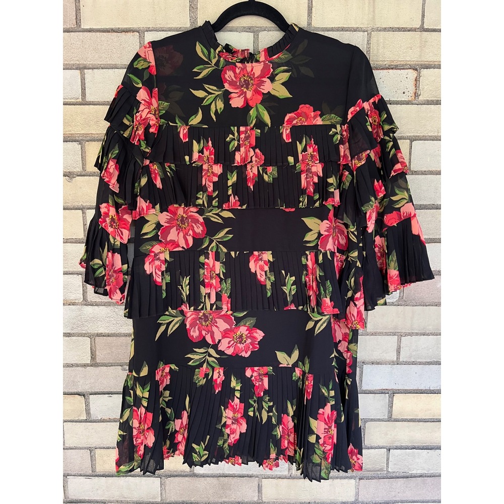 Forever 21 Contemporary Floral Tiered Pleated Ruffle Mini Dress Medium Black Red